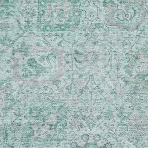 HomeRoots 10' Stylish Teal Gray and Ivory Damask Area Rug - Washable, UV Protected, Perfect for Busy Homes! 684352
