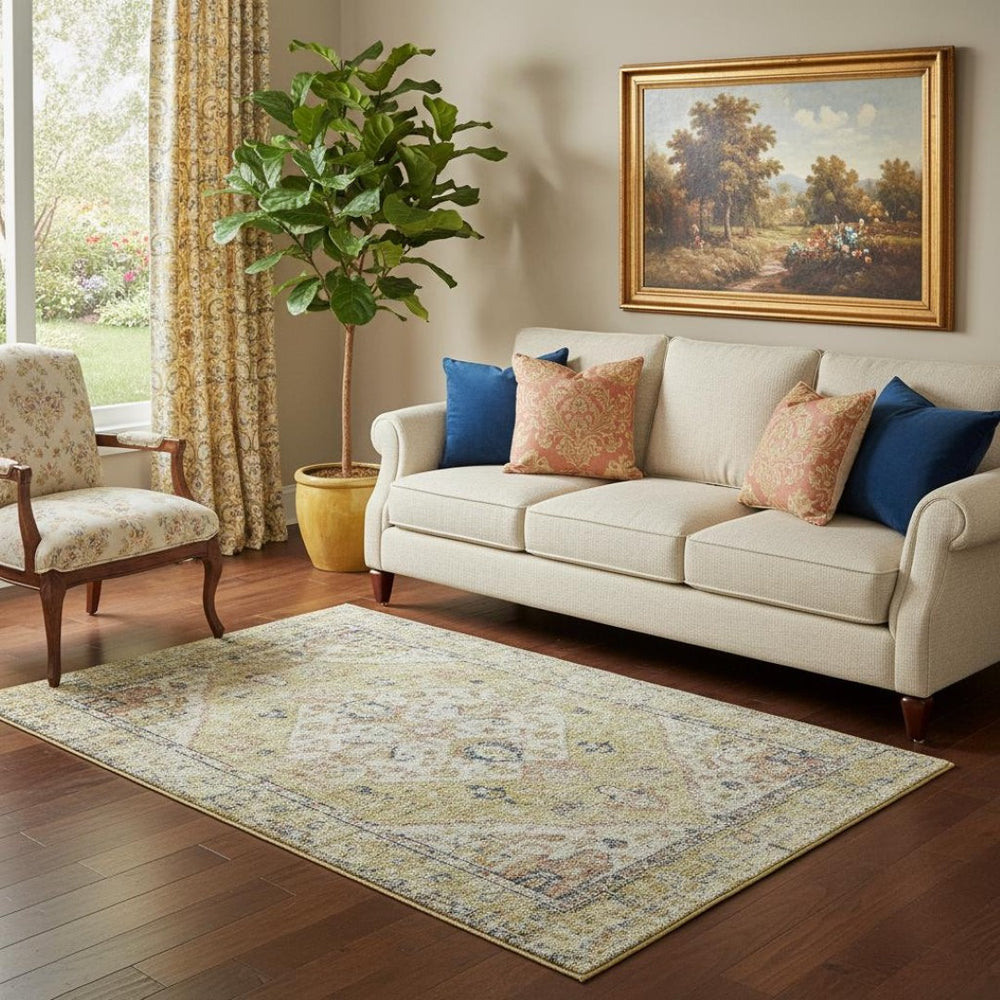 HomeRoots 5' X 8' Wheat Blue Beige Medallion Washable Area Rug - Stain Resistant, UV Protected for Families 684354