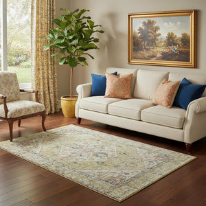 HomeRoots 5' X 8' Wheat Blue Beige Medallion Washable Area Rug - Stain Resistant, UV Protected for Families 684354