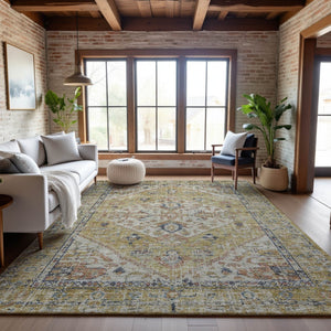HomeRoots 5' X 8' Wheat Blue Beige Medallion Washable Area Rug - Stain Resistant, UV Protected for Families 684354