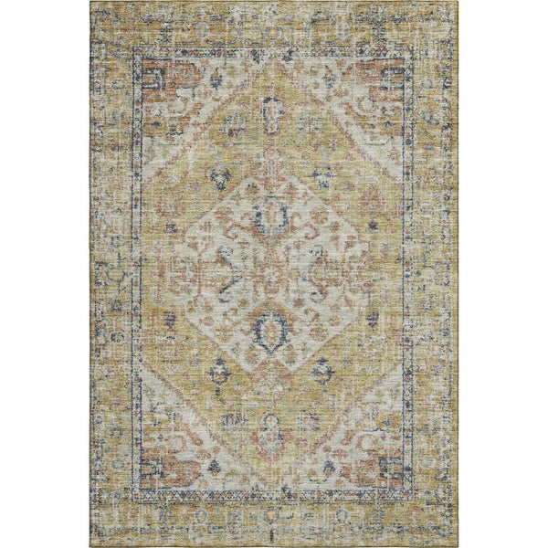 HomeRoots 5' X 8' Wheat Blue Beige Medallion Washable Area Rug - Stain Resistant, UV Protected for Families 684354