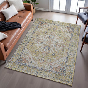 HomeRoots 5' X 8' Wheat Blue Beige Medallion Washable Area Rug - Stain Resistant, UV Protected for Families 684354