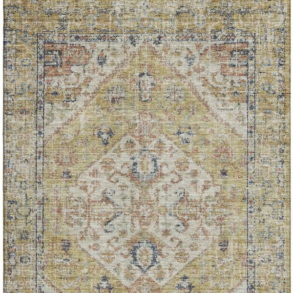 HomeRoots 5' X 8' Wheat Blue Beige Medallion Washable Area Rug - Stain Resistant, UV Protected for Families 684354
