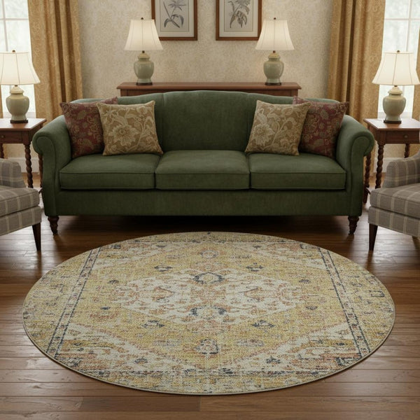 HomeRoots 8' Washable Round Rug in Wheat, Blue & Beige Medallion Design - Durable, UV Protected & Stain Resistant 684355