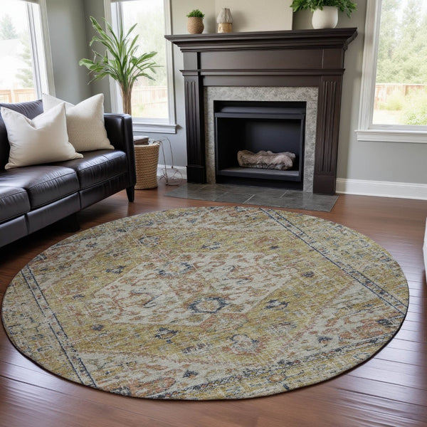 HomeRoots 8' Washable Round Rug in Wheat, Blue & Beige Medallion Design - Durable, UV Protected & Stain Resistant 684355