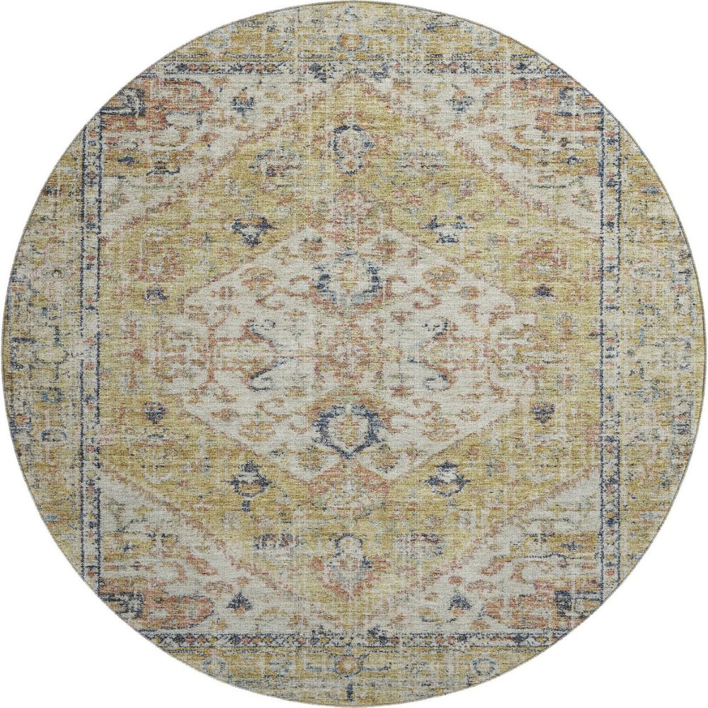 HomeRoots 8' Washable Round Rug in Wheat, Blue & Beige Medallion Design - Durable, UV Protected & Stain Resistant 684355