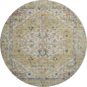 HomeRoots 8' Washable Round Rug in Wheat, Blue & Beige Medallion Design - Durable, UV Protected & Stain Resistant 684355