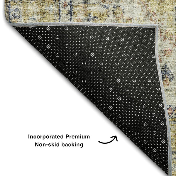 HomeRoots 8' Washable Round Rug in Wheat, Blue & Beige Medallion Design - Durable, UV Protected & Stain Resistant 684355
