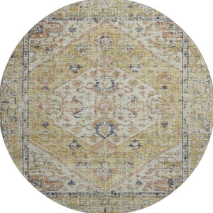 HomeRoots 8' Washable Round Rug in Wheat, Blue & Beige Medallion Design - Durable, UV Protected & Stain Resistant 684355