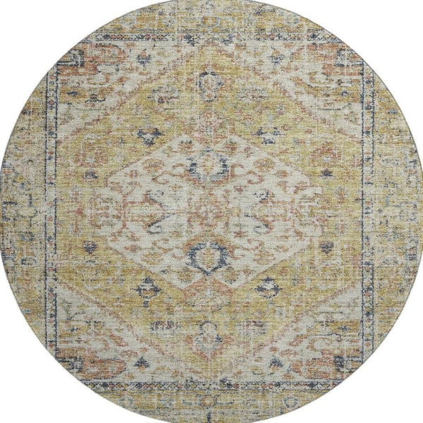 HomeRoots 8' Washable Round Rug in Wheat, Blue & Beige Medallion Design - Durable, UV Protected & Stain Resistant 684355