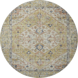 HomeRoots 8' Washable Round Rug in Wheat, Blue & Beige Medallion Design - Durable, UV Protected & Stain Resistant 684355