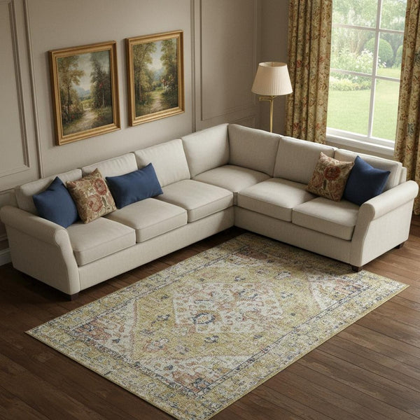 HomeRoots 9' X 12' Wheat Blue & Beige Medallion Area Rug - Durable, Washable, UV Protected, Perfect for Homes! 684357