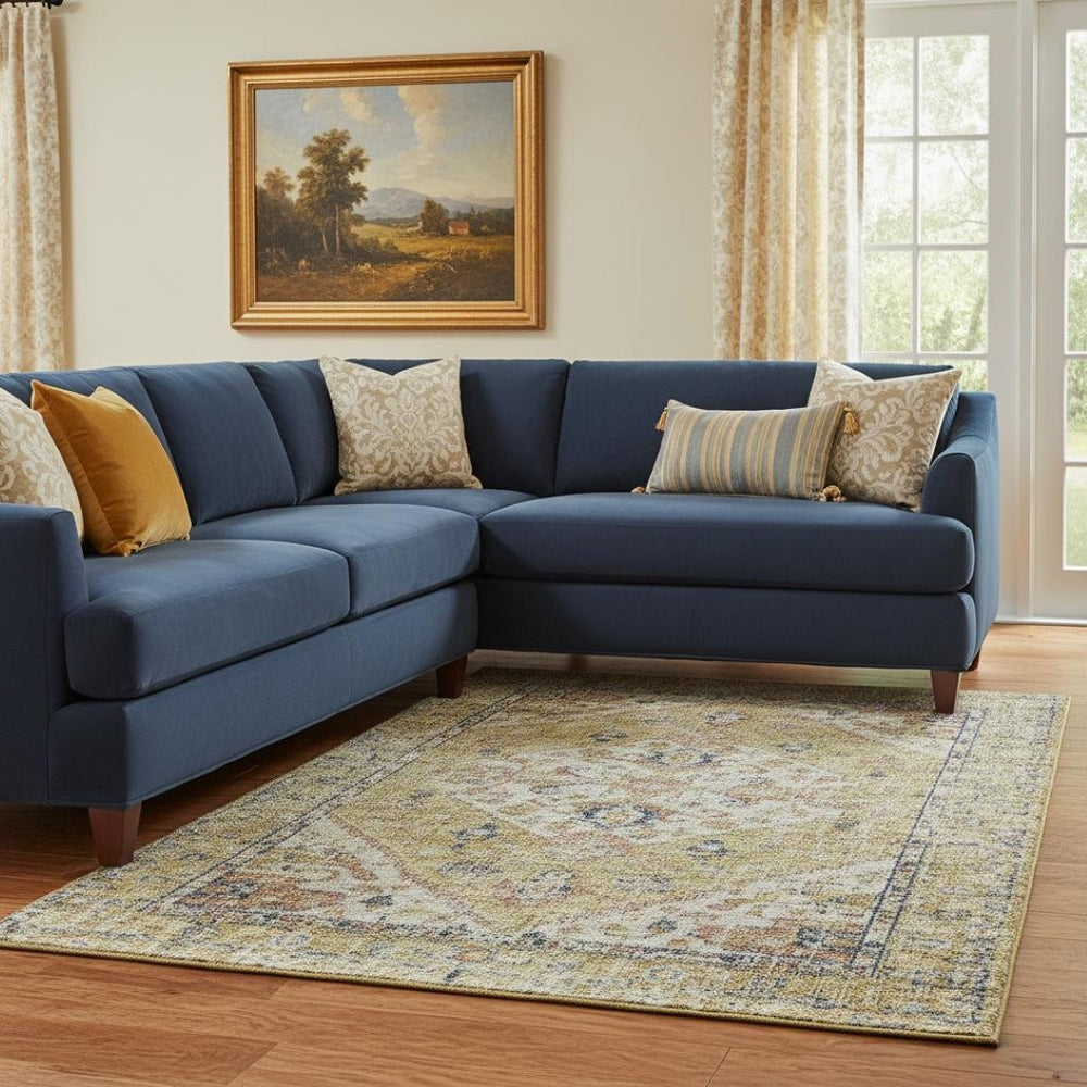 HomeRoots 10' Medallion Washable Area Rug in Wheat, Blue & Beige - Durable, UV Protected, Ideal for Families 684358
