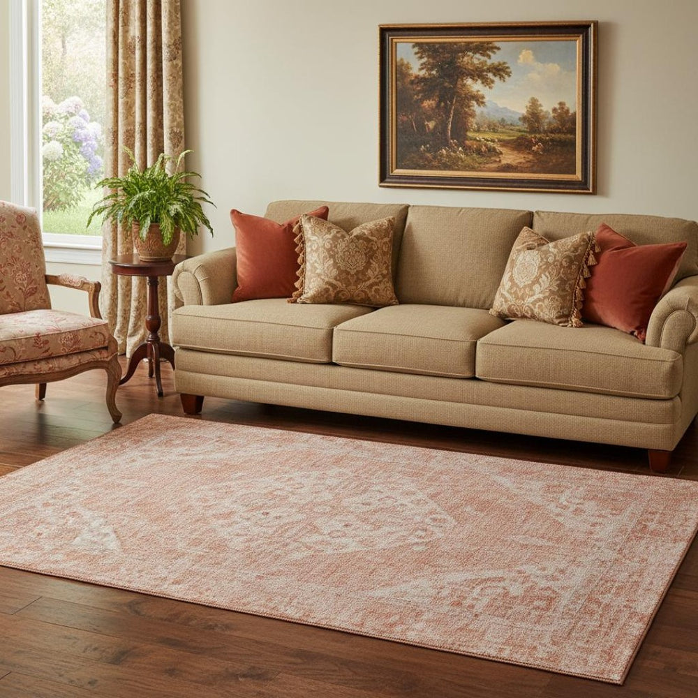 HomeRoots 5' Coral and Beige Medallion Washable Area Rug with UV Protection - Durable, Stylish, Pet-Friendly! 684360