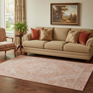 HomeRoots 5' Coral and Beige Medallion Washable Area Rug with UV Protection - Durable, Stylish, Pet-Friendly! 684360