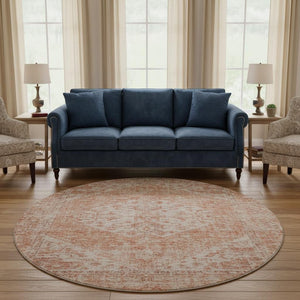 HomeRoots 8' Coral and Beige Medallion Round Rug – Machine-Woven, Stain-Resistant, UV Protected for Indoor/Outdoor Use 684361