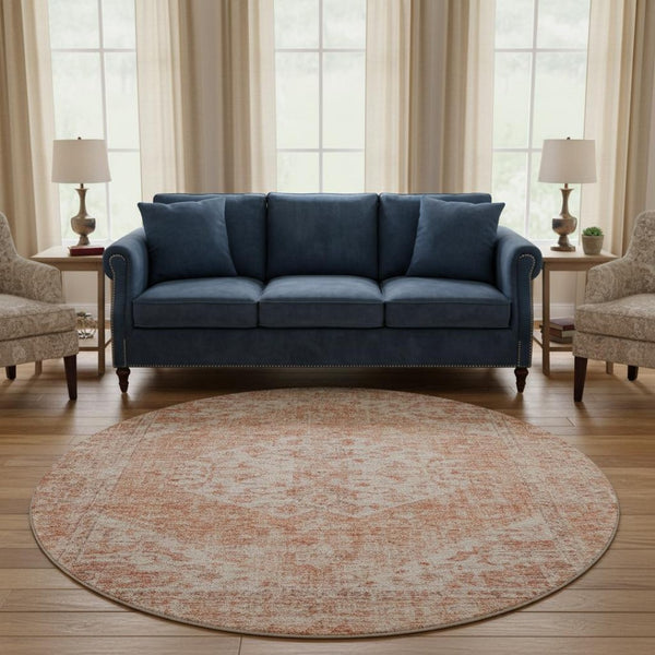HomeRoots 8' Coral and Beige Medallion Round Rug – Machine-Woven, Stain-Resistant, UV Protected for Indoor/Outdoor Use 684361