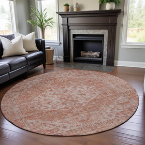HomeRoots 8' Coral and Beige Medallion Round Rug – Machine-Woven, Stain-Resistant, UV Protected for Indoor/Outdoor Use 684361