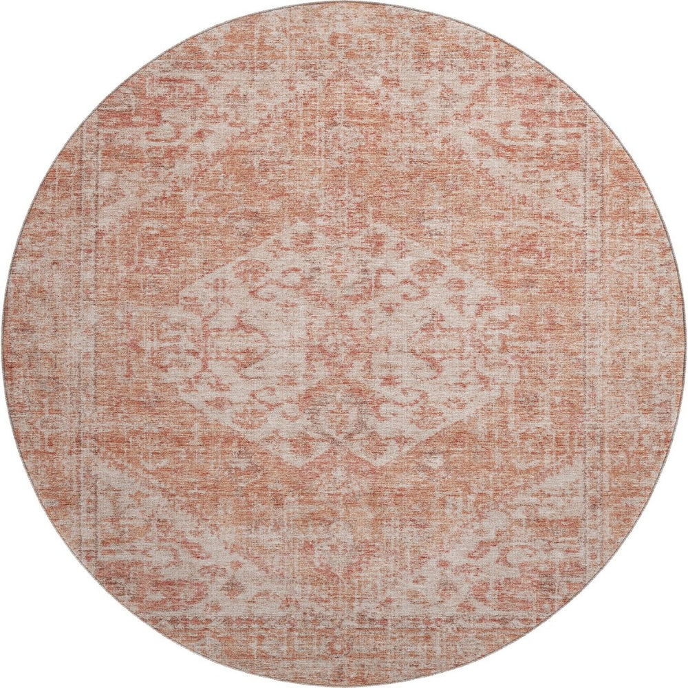 HomeRoots 8' Coral and Beige Medallion Round Rug – Machine-Woven, Stain-Resistant, UV Protected for Indoor/Outdoor Use 684361
