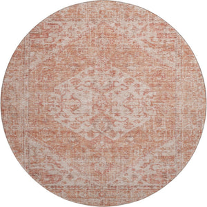 HomeRoots 8' Coral and Beige Medallion Round Rug – Machine-Woven, Stain-Resistant, UV Protected for Indoor/Outdoor Use 684361