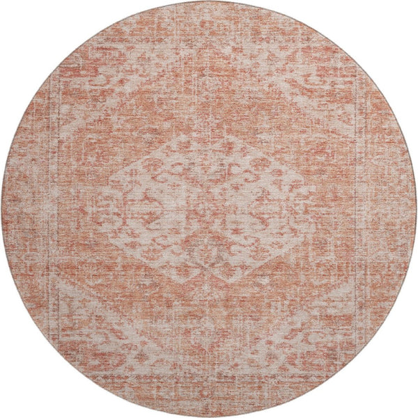 HomeRoots 8' Coral and Beige Medallion Round Rug – Machine-Woven, Stain-Resistant, UV Protected for Indoor/Outdoor Use 684361