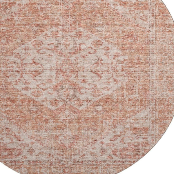 HomeRoots 8' Coral and Beige Medallion Round Rug – Machine-Woven, Stain-Resistant, UV Protected for Indoor/Outdoor Use 684361