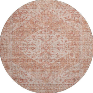HomeRoots 8' Coral and Beige Medallion Round Rug – Machine-Woven, Stain-Resistant, UV Protected for Indoor/Outdoor Use 684361