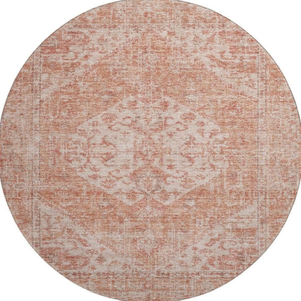 HomeRoots 8' Coral and Beige Medallion Round Rug – Machine-Woven, Stain-Resistant, UV Protected for Indoor/Outdoor Use 684361