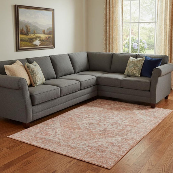 HomeRoots 8' X 10' Coral & Beige Medallion Washable Area Rug – Durable, Stain-Resistant, UV Protected Comfort! 684362