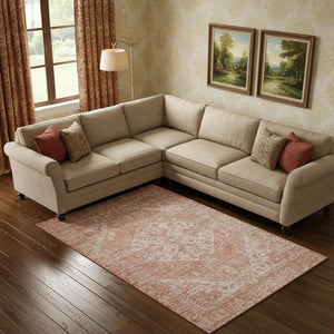 HomeRoots 9' Coral & Beige Medallion Area Rug - Washable, UV Protected, Durable, Ideal for Homes with Kids & Pets 684363