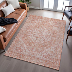 HomeRoots 9' Coral & Beige Medallion Area Rug - Washable, UV Protected, Durable, Ideal for Homes with Kids & Pets 684363