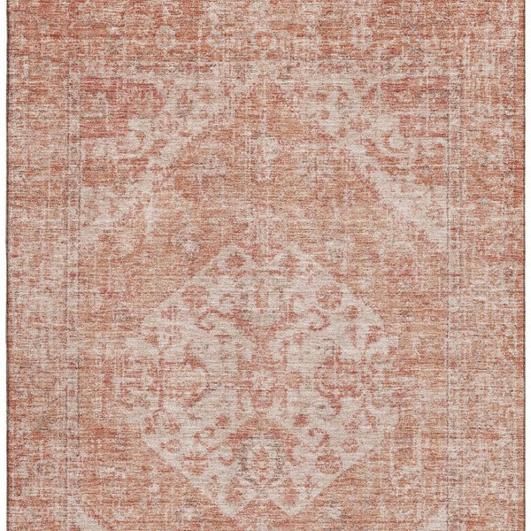 HomeRoots 9' Coral & Beige Medallion Area Rug - Washable, UV Protected, Durable, Ideal for Homes with Kids & Pets 684363