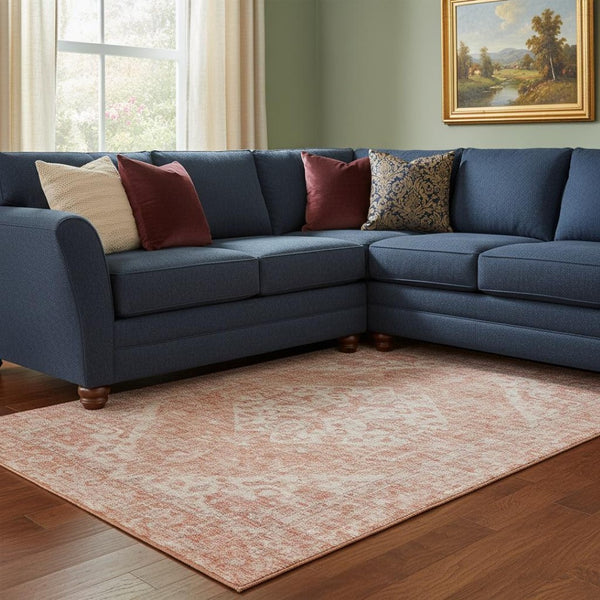 HomeRoots 10' X 14' Coral and Beige Medallion Area Rug - Washable, Stain-Resistant, UV-Protected Elegance 684364