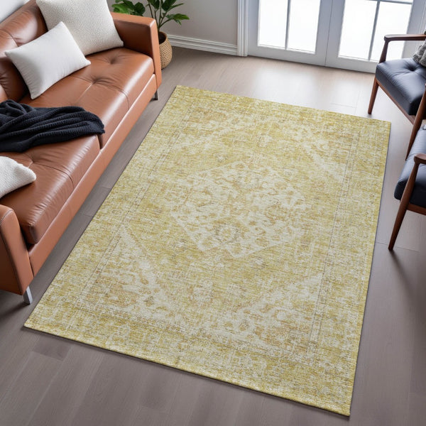 HomeRoots 5' X 8' Gold And Beige Medallion Area Rug - Stylish, Washable, UV-Protected, Perfect for High-Traffic Areas 684366