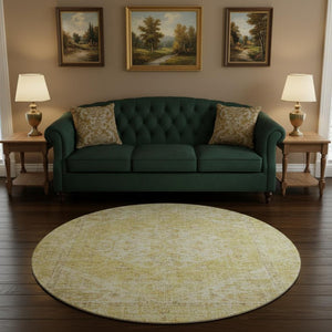HomeRoots 8' Gold and Beige Medallion Round Rug with UV Protection - Stylish, Washable, and Durable Design! 684367