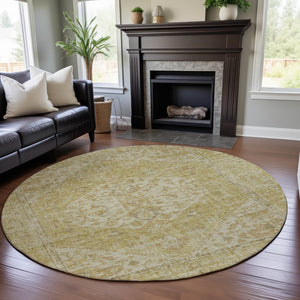 HomeRoots 8' Gold and Beige Medallion Round Rug with UV Protection - Stylish, Washable, and Durable Design! 684367