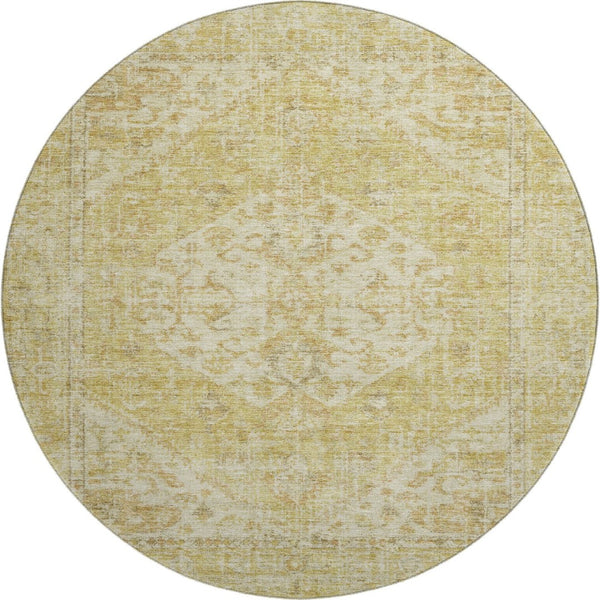 HomeRoots 8' Gold and Beige Medallion Round Rug with UV Protection - Stylish, Washable, and Durable Design! 684367