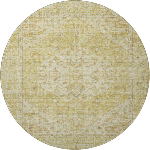 HomeRoots 8' Gold and Beige Medallion Round Rug with UV Protection - Stylish, Washable, and Durable Design! 684367