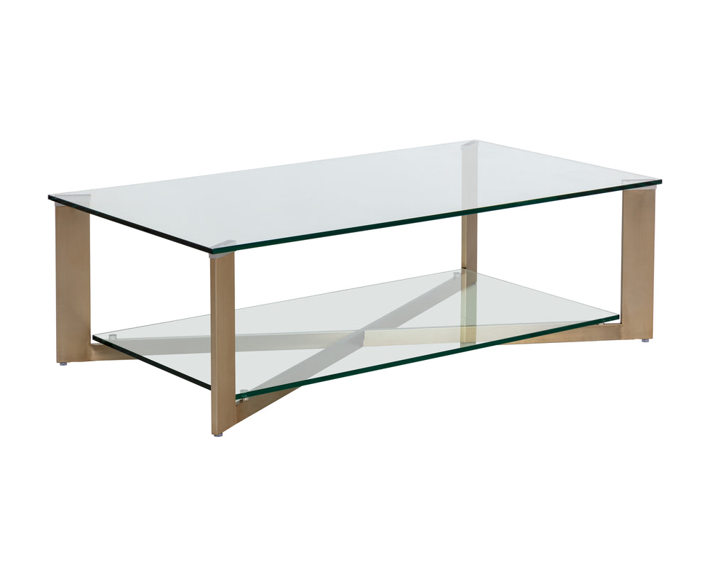 Sunpan Xavier Coffee Table - Modern Tempered Glass with Antique Brass Frame, Perfect for Stylish Decor Rectangular - 51.25W x 27.5D x 16H