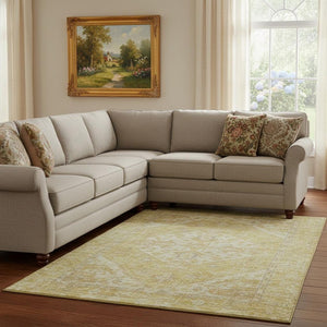 HomeRoots 10' X 14' Gold and Beige Medallion Area Rug - Washable, UV Protected, Stain Resistant for Families 684370