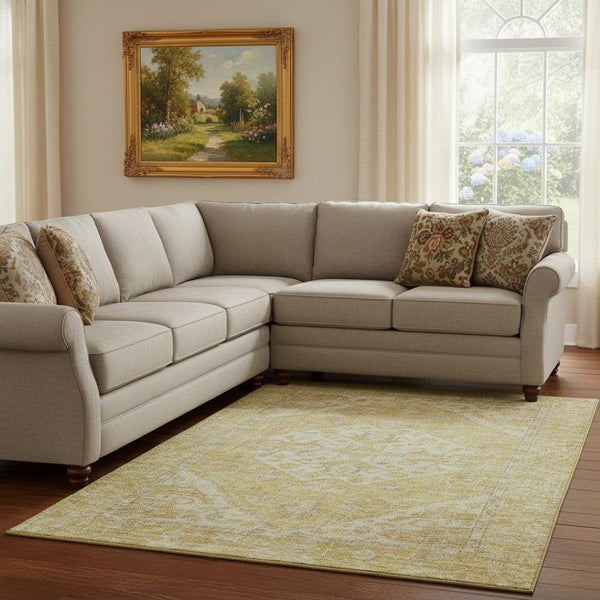HomeRoots 10' X 14' Gold and Beige Medallion Area Rug - Washable, UV Protected, Stain Resistant for Families 684370