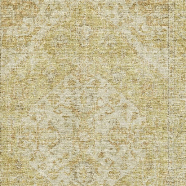 HomeRoots 10' X 14' Gold and Beige Medallion Area Rug - Washable, UV Protected, Stain Resistant for Families 684370