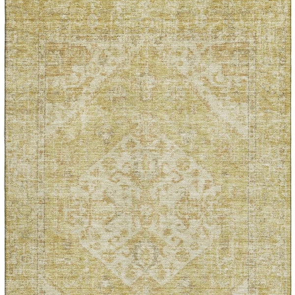 HomeRoots 10' X 14' Gold and Beige Medallion Area Rug - Washable, UV Protected, Stain Resistant for Families 684370