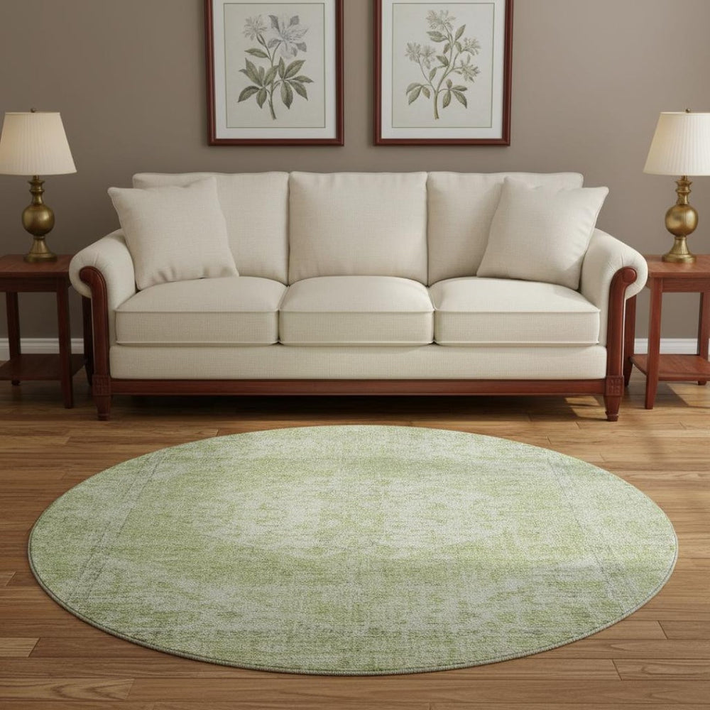 HomeRoots 8' Sage and Beige Medallion Round Rug - Washable, UV Protected, Durable for High-Traffic Spaces 684373
