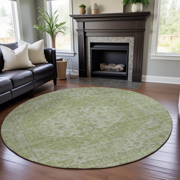 HomeRoots 8' Sage and Beige Medallion Round Rug - Washable, UV Protected, Durable for High-Traffic Spaces 684373