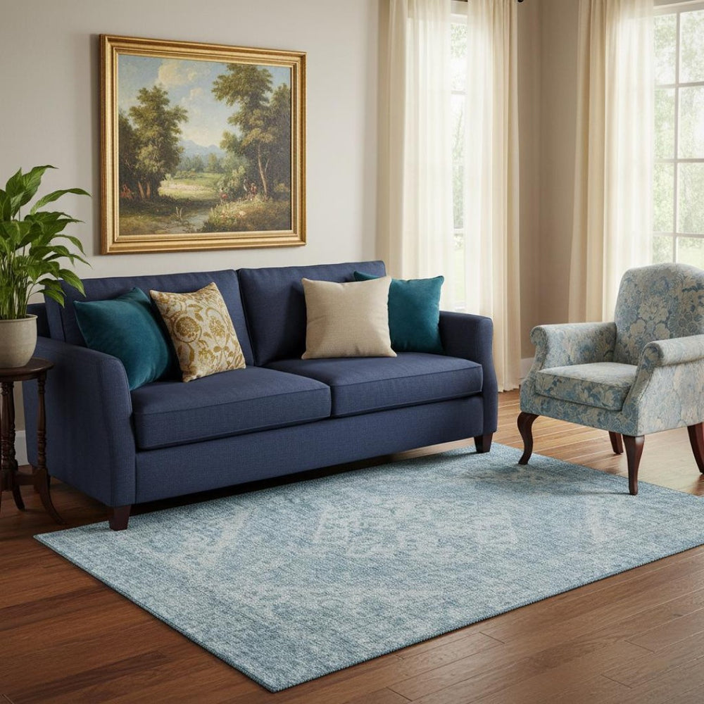 HomeRoots 5' X 8' Sky Blue & Ivory Medallion Area Rug – Washable, Stain-Resistant & UV Protected for Durability 684378