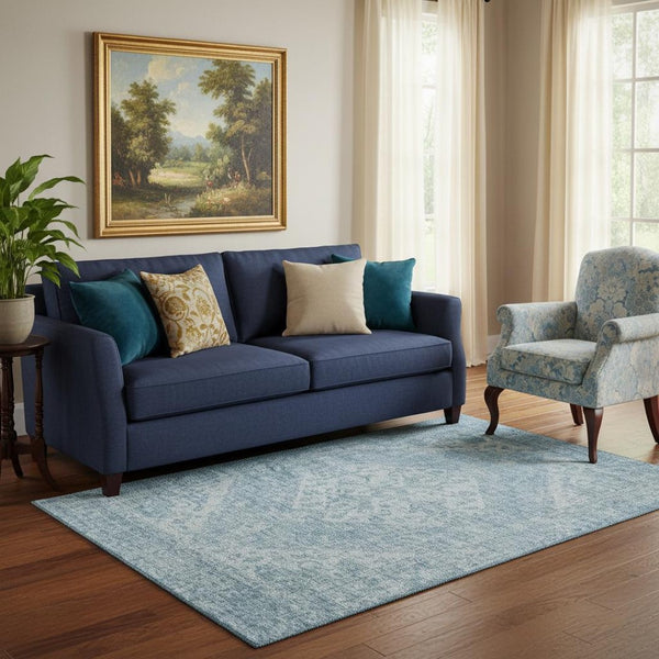 HomeRoots 5' X 8' Sky Blue & Ivory Medallion Area Rug – Washable, Stain-Resistant & UV Protected for Durability 684378