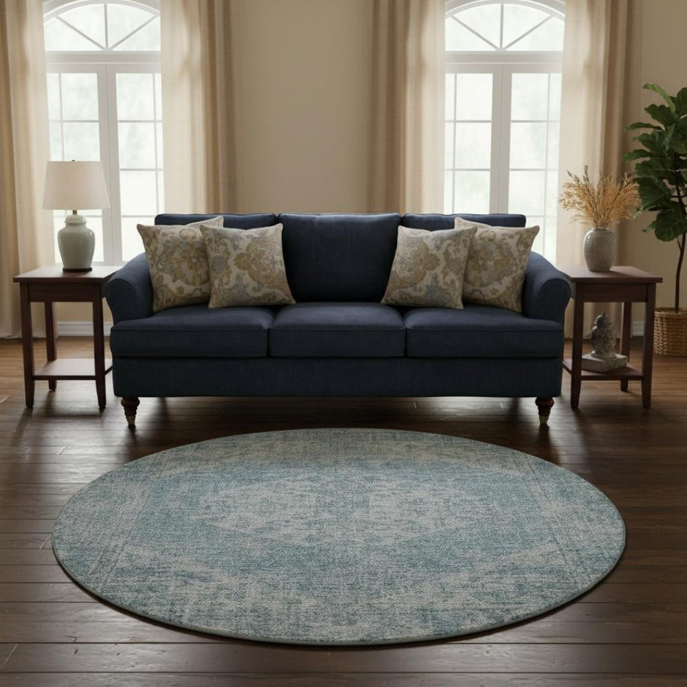 HomeRoots 8' Sky Blue Medallion Round Rug - Washable, UV Protected, Durable & Perfect for High-Traffic Areas 684379