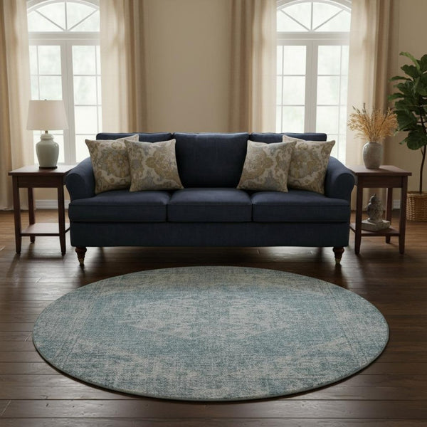 HomeRoots 8' Sky Blue Medallion Round Rug - Washable, UV Protected, Durable & Perfect for High-Traffic Areas 684379