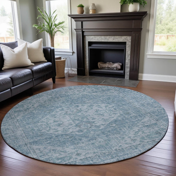 HomeRoots 8' Sky Blue Medallion Round Rug - Washable, UV Protected, Durable & Perfect for High-Traffic Areas 684379